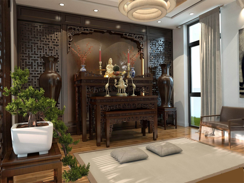 Không gian phòng thờ được thiết kế vừa cổ kính, vừa hiện đại