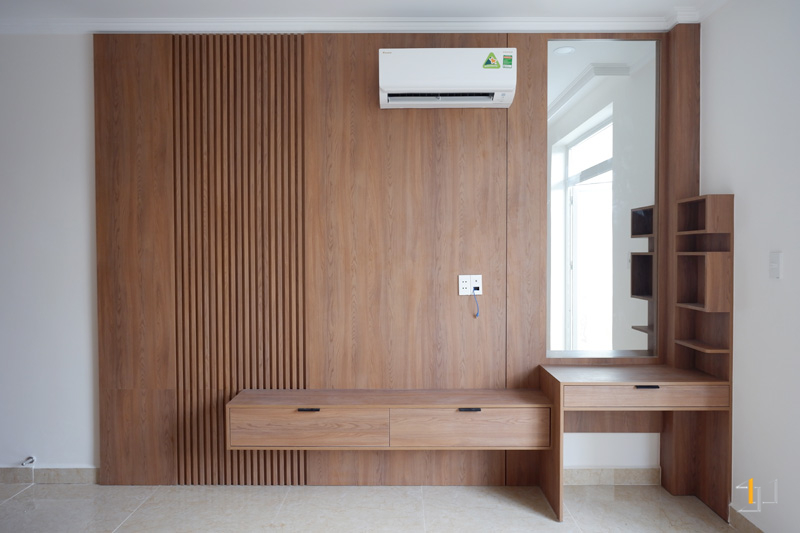 Thi công nội thất hoàn thiện vách tủ Tivi
