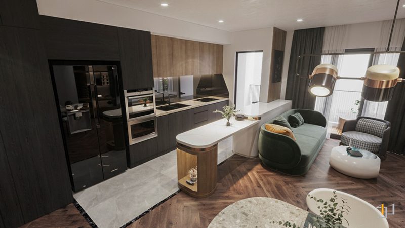 Thiết kế nội thất phòng bếp mở trong căn hộ Vinhomes