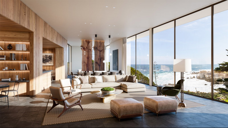 Hệ thống cửa kính lớn mang đến tầm nhìn “triệu đô” cho phòng khách tông gỗ sang trọng