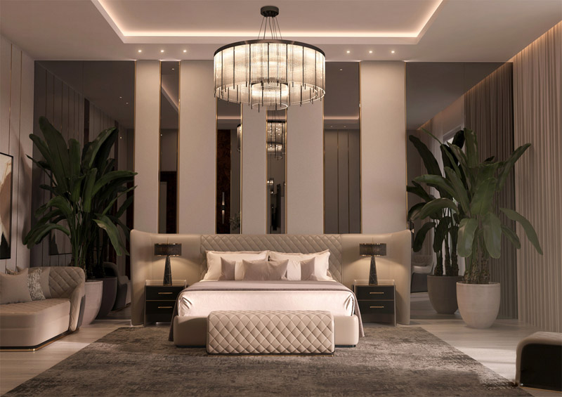 Đèn trần với thiết kế cầu kỳ mang đến một vẻ đẹp lộng lẫy cho phòng ngủ phong cách Luxury