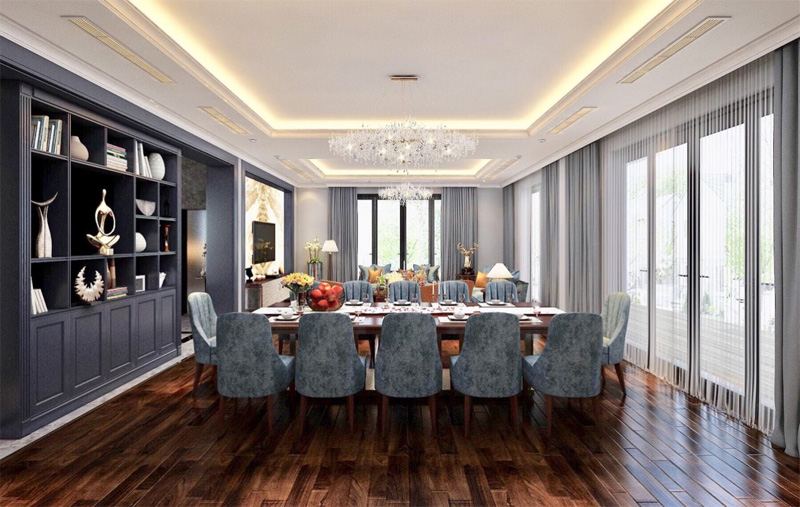 Những thiết kế bàn ăn và đèn trần cầu kỳ luôn là nét đặc trưng trong phong cách nội thất Luxury