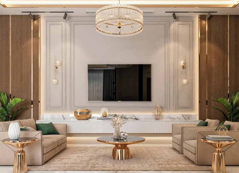 Từng chi tiết mạ vàng làm toát lên sự sang trọng, đẳng cấp cho phòng khách phong cách Luxury