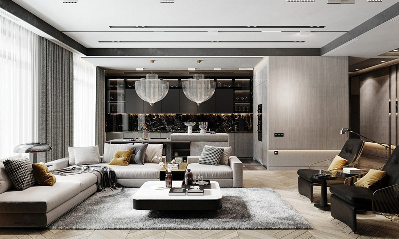 Không gian phòng khách đầy hiện đại với những món đồ nội thất cao cấp, sang trọng
