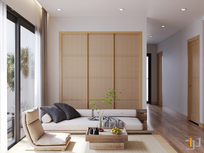 Thiết kế nội thất phòng khách căn hộ The Origami phong cách Japan