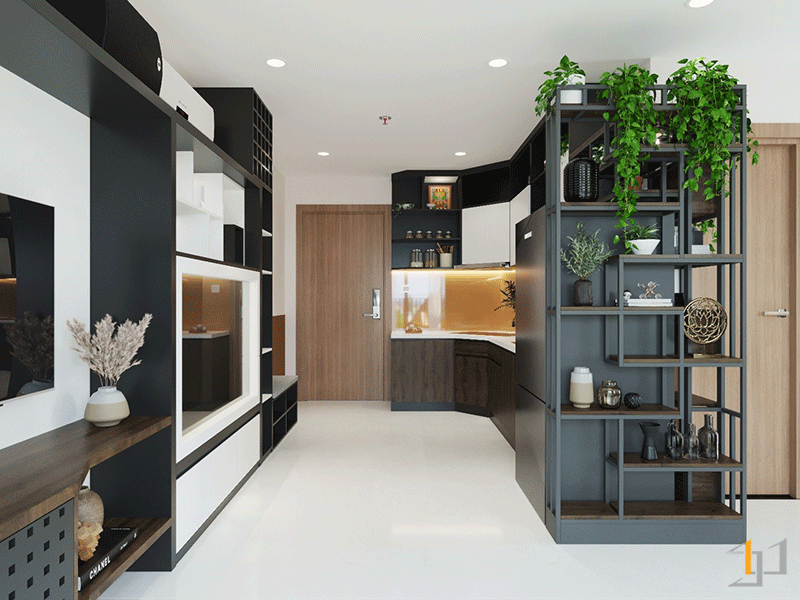 Mẫu phòng khách kết hợp bếp cho căn hộ chung cư Vinhomes do S-housing thiết kế.