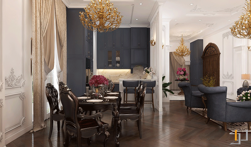 Không gian phòng khách và nhà bếp sang trọng với phong cách Châu Âu cổ điển.