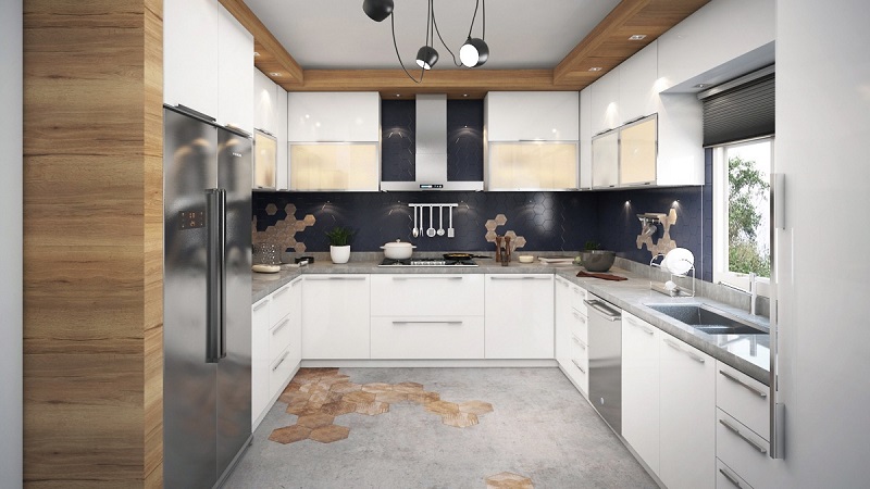 Thiết kế nhà bếp đẹp kết hợp giữa chất liệu gỗ acrylic bóng gương và gỗ laminate vân gỗ mang đến một không gian bếp hiện đại