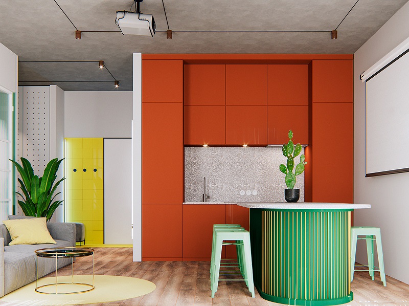 Khi chọn màu sắc cho tủ bếp bạn có thể chọn gam màu cùng tone với sơn tường để tăng sự sang trọng cho không gian