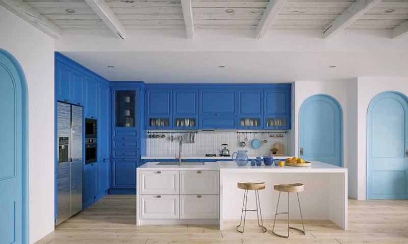Phong cách Santorini đều được sơn màu xanh dương và màu trắng đó chính là màu của biển cả tạo ra sự tươi trẻ, bắt mắt cho căn bếp