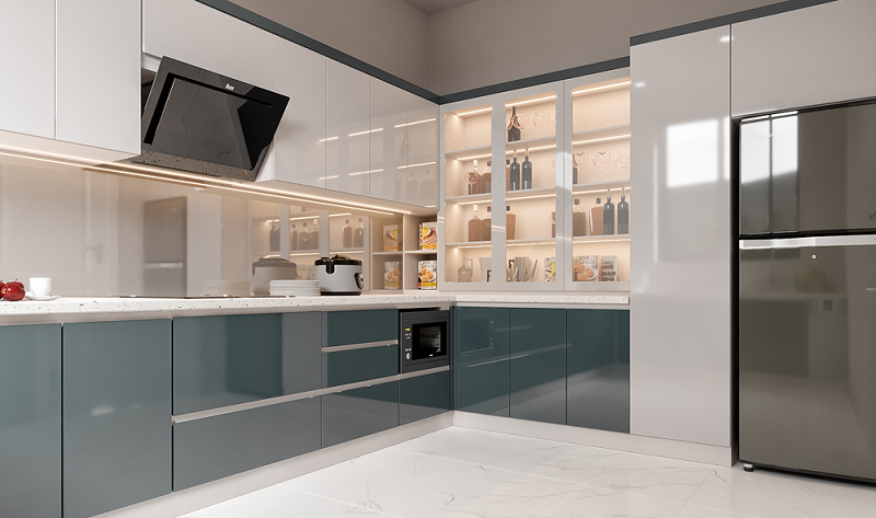 Tủ bếp nhựa Picomat với cánh tủ phủ Acrylic sáng bóng tạo cho không gian bếp sự ấn tượng, đẳng cấp. 