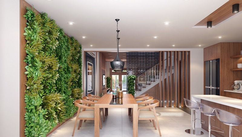 Phòng khách kết hợp giữa gỗ và cây xanh