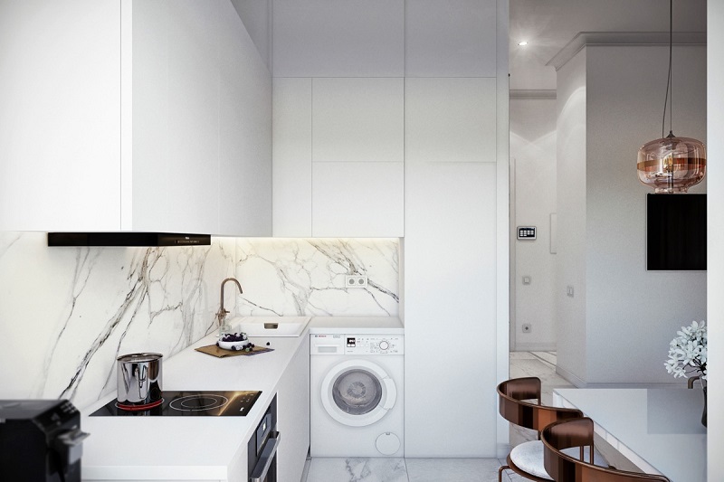 phòng bếp nhà ống 4m sử dụng tủ kịch trần tối ưu không gian