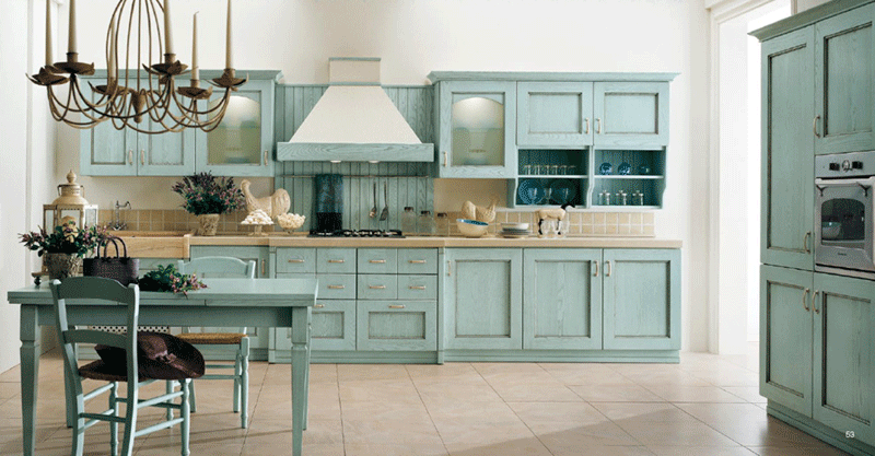Mẫu tủ bếp chữ I với tone màu xanh pastel mới lạ trong phong cách cổ điển.