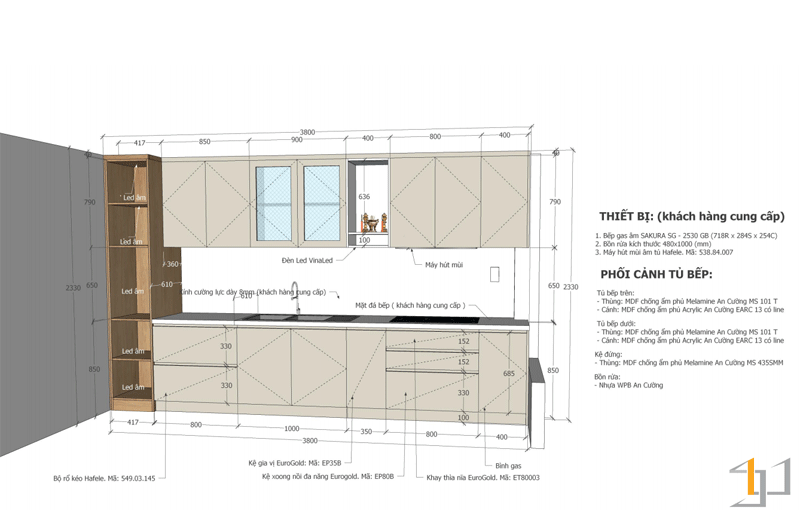 Bản vẽ chi tiết tủ bếp chữ I phủ Acrylic mẫu TB54 do S-housing thực hiện.