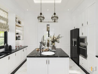 Bàn đảo bếp trong phòng bếp biệt thự