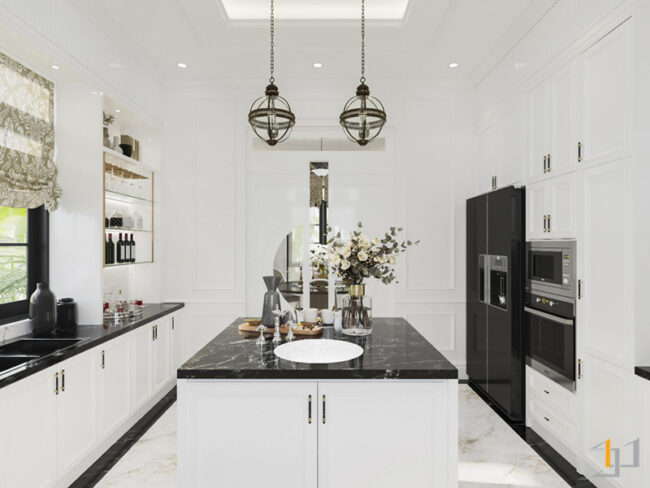 Bàn đảo bếp trong phòng bếp biệt thự