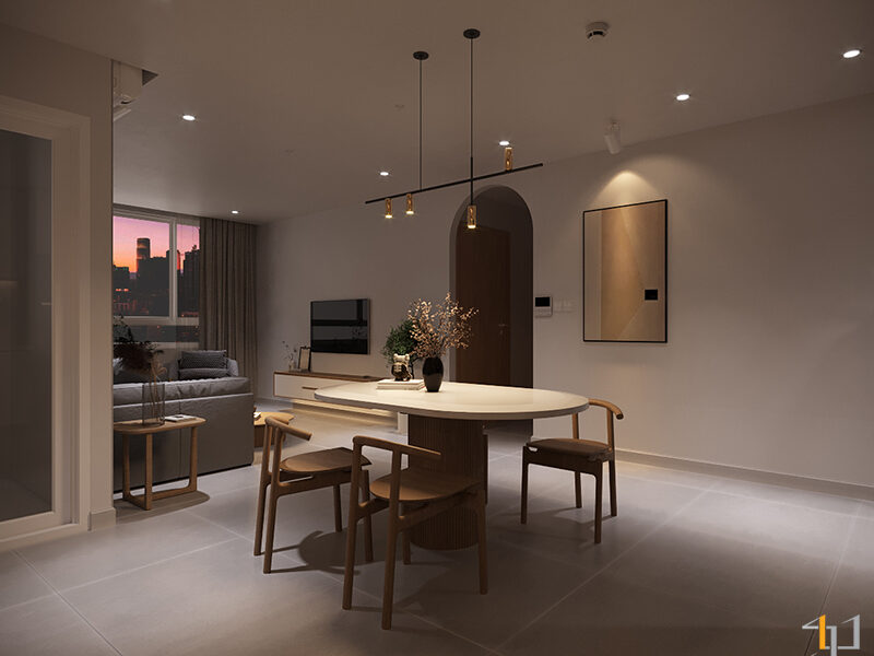 Bàn ăn đặt ở trung tâm giúp tạo sự liên kết trong toàn bộ không gian chính của căn hộ