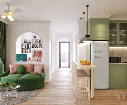 Thiết kế phòng khách tươi sáng sử dụng bảng màu pastel dịu ngọt
