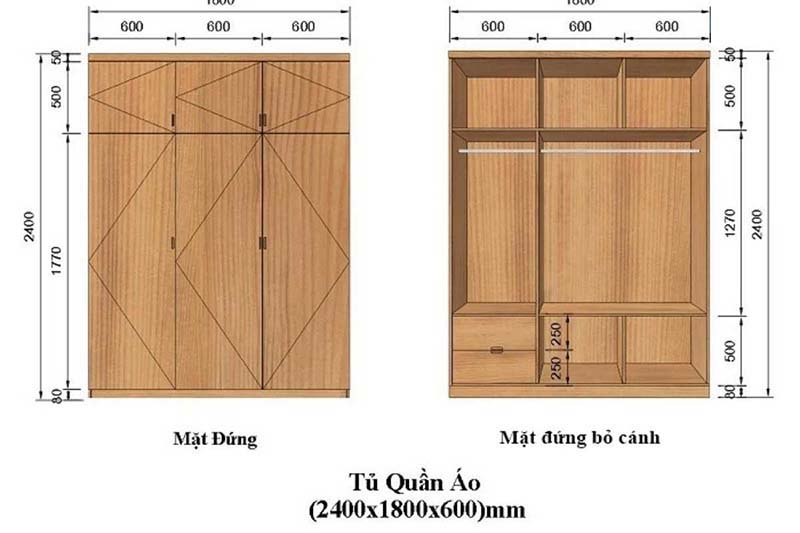 Kích thước tủ quần áo tiêu chuẩn