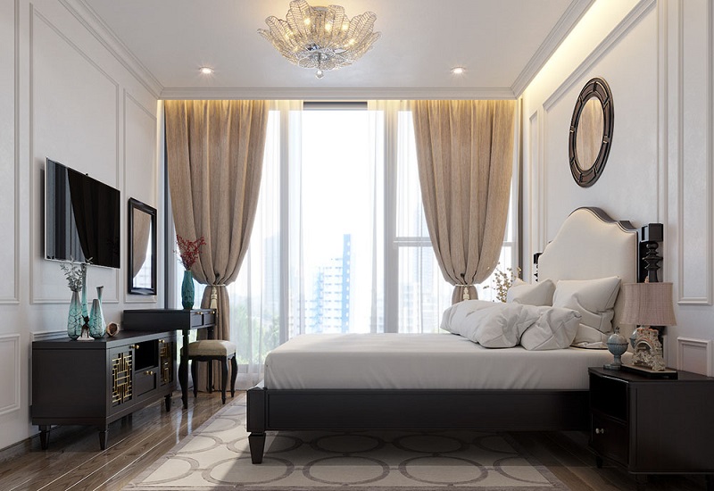 Phòng ngủ với đồ nội thất gỗ màu nâu đen sang trọng đầy cổ kính