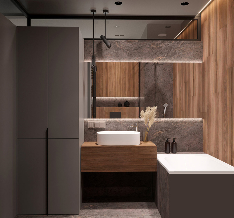 Thiết kế nhà vệ sinh với gam màu xám thời thượng và chất liệu gỗ mộc mạc