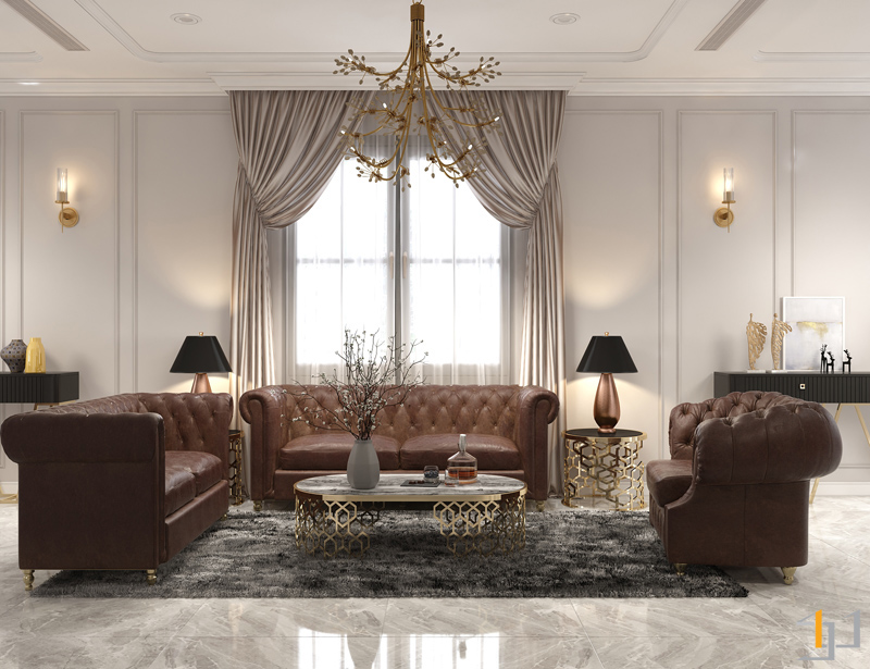 Bộ sofa bọc da với thiết kế đậm chất cổ điển toát lên vẻ đẹp xa hoa, đẳng cấp trong phong cách nội thất Tân cổ điển