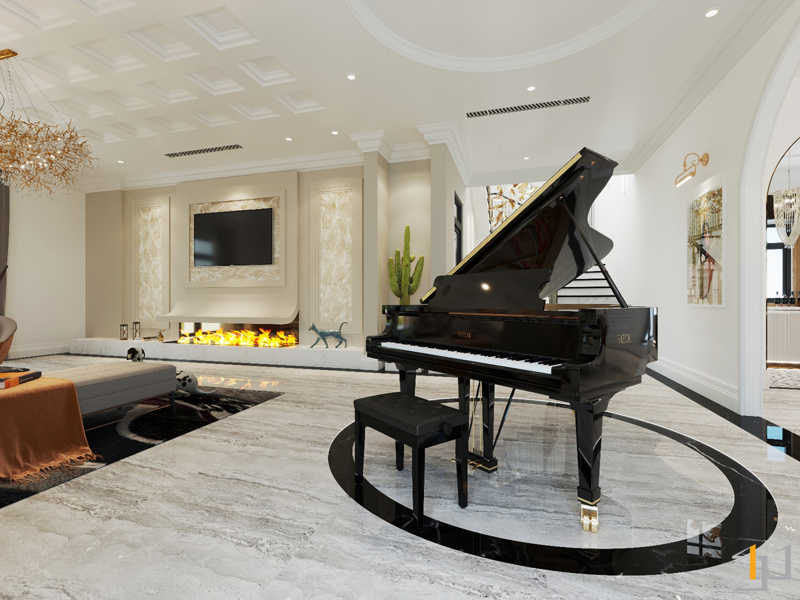 Chiếc đàn piano chính là điểm nhấn đầy tính nghệ thuật trong không gian phòng khách phong cách nội thất Tân cổ điển