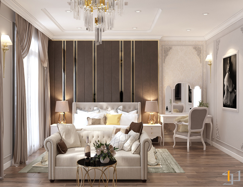 Các chi tiết chạy phào chỉ, phù điêu, mạ vàng trên tường tạo nên vẻ đẹp lộng lẫy trong phong cách nội thất Tân cổ điển