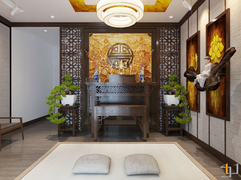 Gian thờ đầy uy nghiêm và ấm cúng nhờ chất liệu gỗ tự nhiên trong phong cách nội thất Tân cổ điển