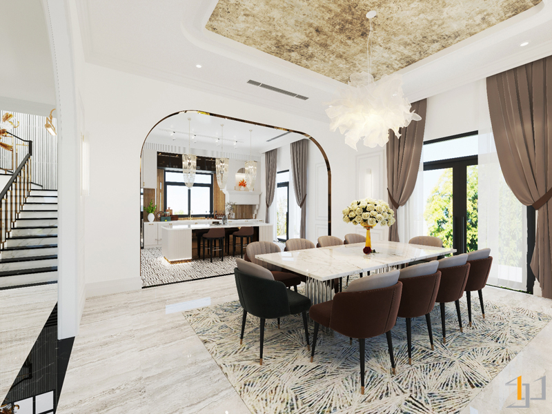 Bộ bàn ăn với thiết kế độc đáo, vô cùng đẳng cấp trong phong cách nội thất Tân cổ điển
