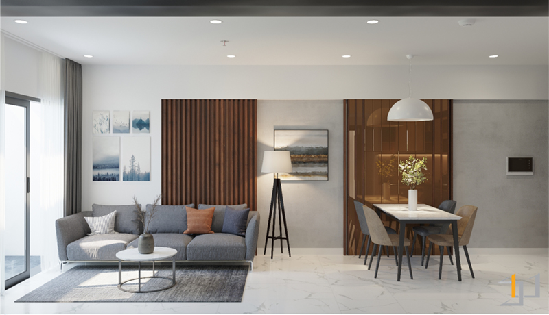 Không gian phòng khách liền bếp của căn hộ Lovera Vista Khang Điền