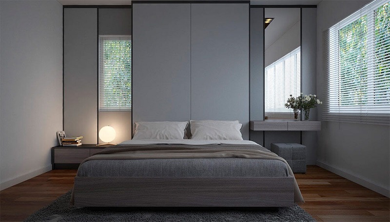 Phòng ngủ tối giản cho căn hộ 45m2 với gam màu xám làm chủ đạo
