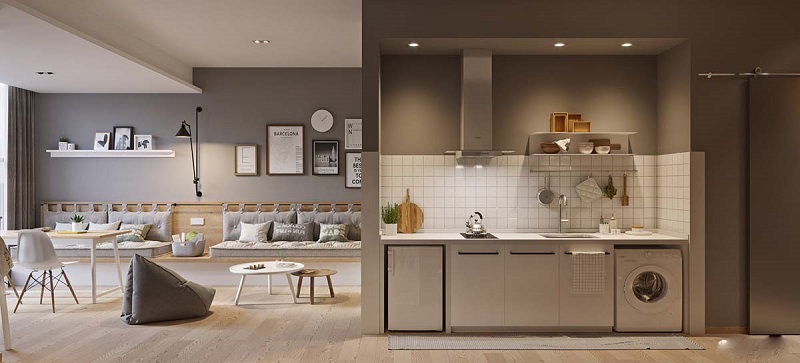 Thiết kế phòng khách liền bếp là lựa chọn lý tưởng cho căn hộ 45m2