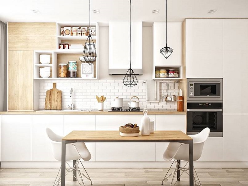 Tủ bếp mang phong cách Scandinavian được ứng dụng trong mẫu thiết kế căn hộ chung cư 45m2