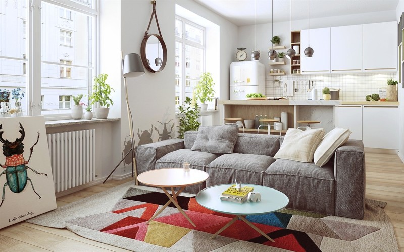 Nội thất phòng khách căn hộ 45m2 phong cách Scandinavian với tông trắng tinh tế, tươi sáng