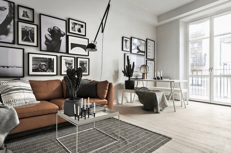 Nội thất phòng khách căn hộ chung cư 45m2 phong cách Scandinavian với sắc trắng tinh tế, tươi sáng