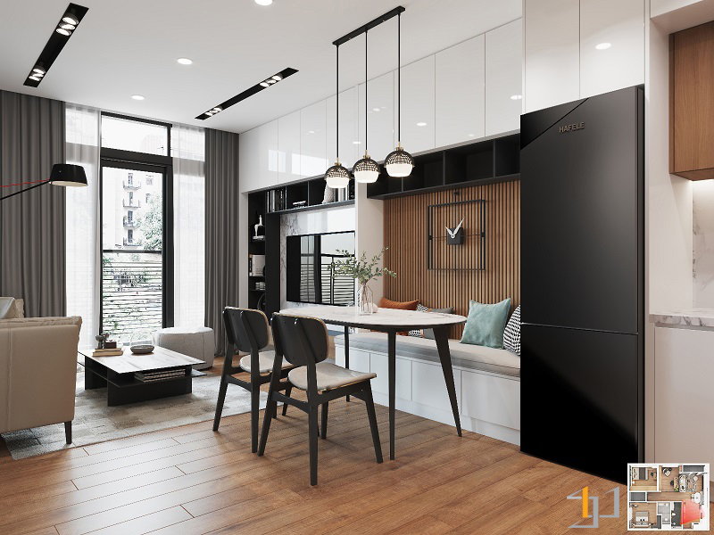 Nội thất phòng khác căn hộ 45m2 cùng gam màu trung tính tạo vẻ sang trọng, tinh tế