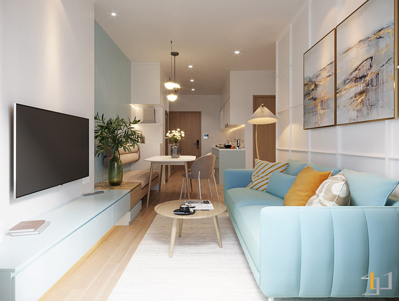 Không gian phòng khách trong mẫu thiết kế nội thất chung cư 45m2 phong cách hiện đại, trẻ trung