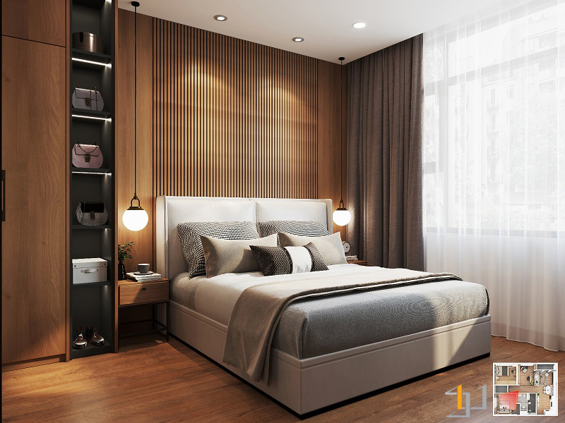 Phòng ngủ trong căn hộ 45m2 phong cách hiện đại với vách ốp gỗ màu nâu trầm ấm