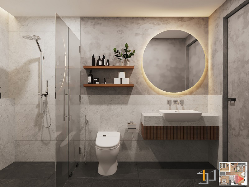 Phòng vệ sinh hiện đại đơn giản với tường ốp gạch màu xanh mint trẻ trung