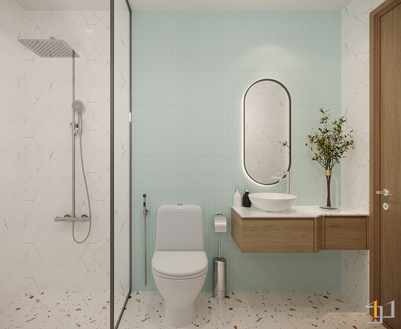 Thiết kế căn hộ 45m2 phòng WC với những gam màu tươi sáng và vách kính