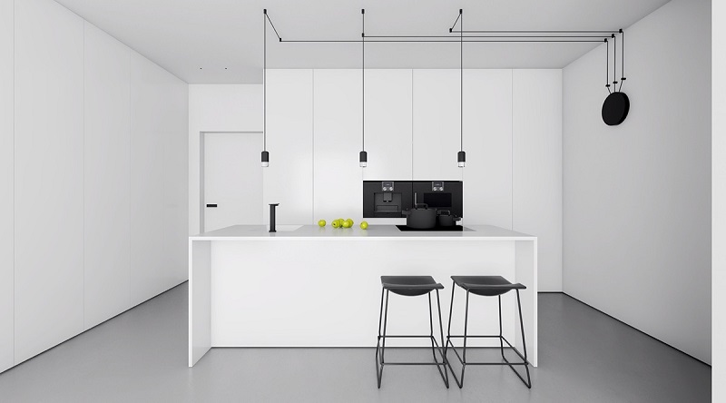 2 tông màu trắng - đen tương phản làm nổi bật cả không gian bếp của căn hộ chung cư 45m2