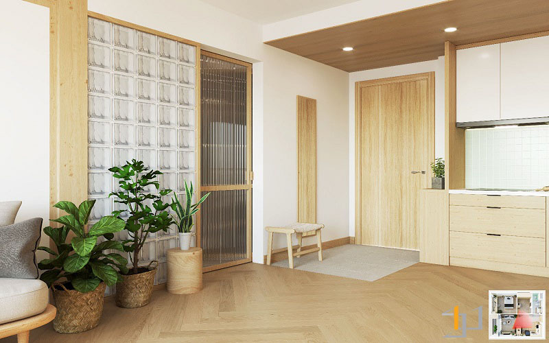 Khu vực ra vào trong Thiết kế căn hộ chung cư mini được trang trí cây xanh để tạo thêm điểm nhấn