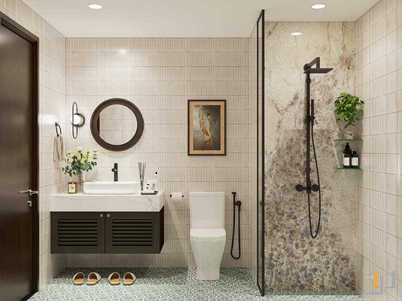 Bức tường ốp đá Marble tạo thành điểm nhấn nổi bật trong nhà vệ sinh