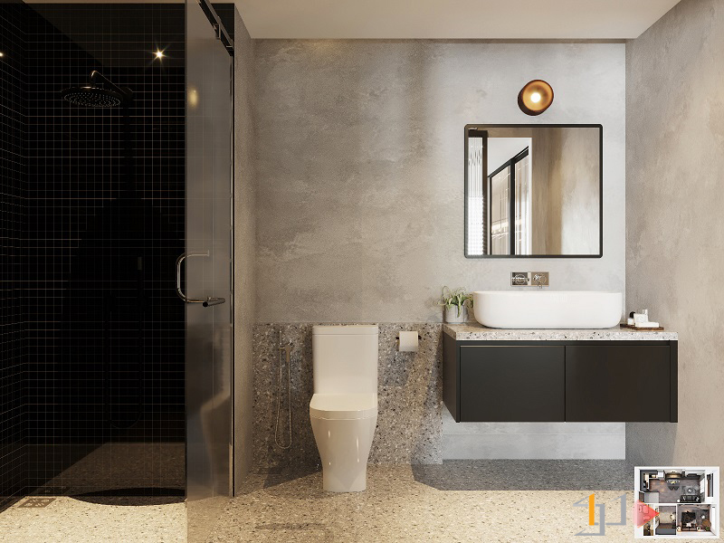 Khu vực nhà vệ sinh trong không gian nội thất nhà nhỏ đẹp được phân chia tinh tế với hai mảng tường trắng đen