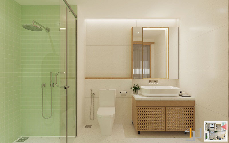 Kính cường lực xanh lá phân chia không gian phòng tắm trong Thiết kế căn hộ chung cư mini rõ rệt