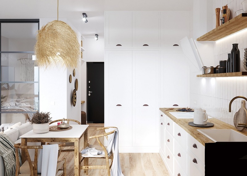 Phòng bếp trong thiết kế căn hộ nhỏ 45m2 phong cách Bohemian