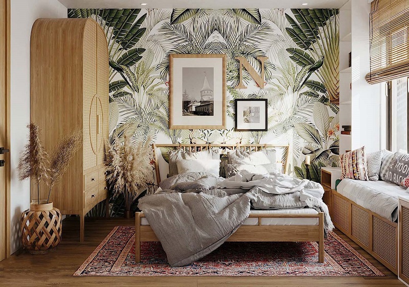 Phòng ngủ phong cách Tropical với vài chậu cây cảnh trang trí