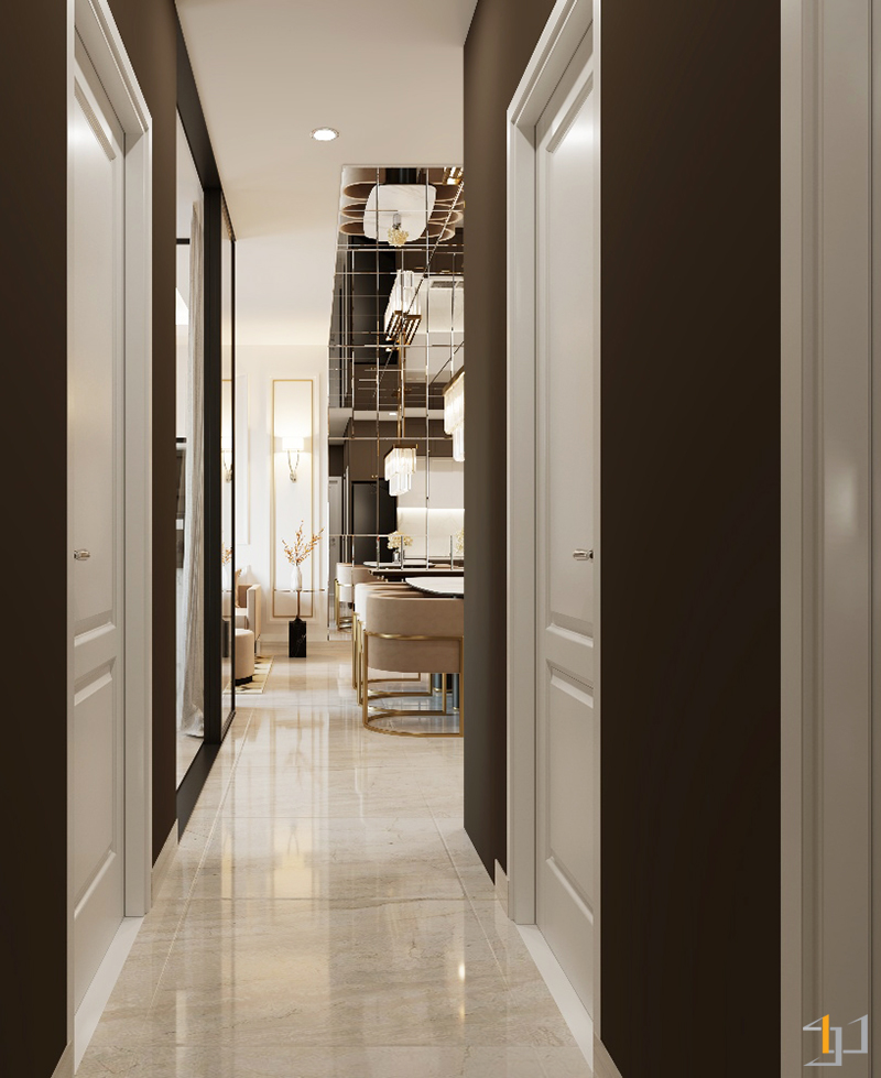 Thiết kế nội thất phòng bếp căn hộ 72m2 với màu nâu đất hợp phong thủy cho người mệnh thổ